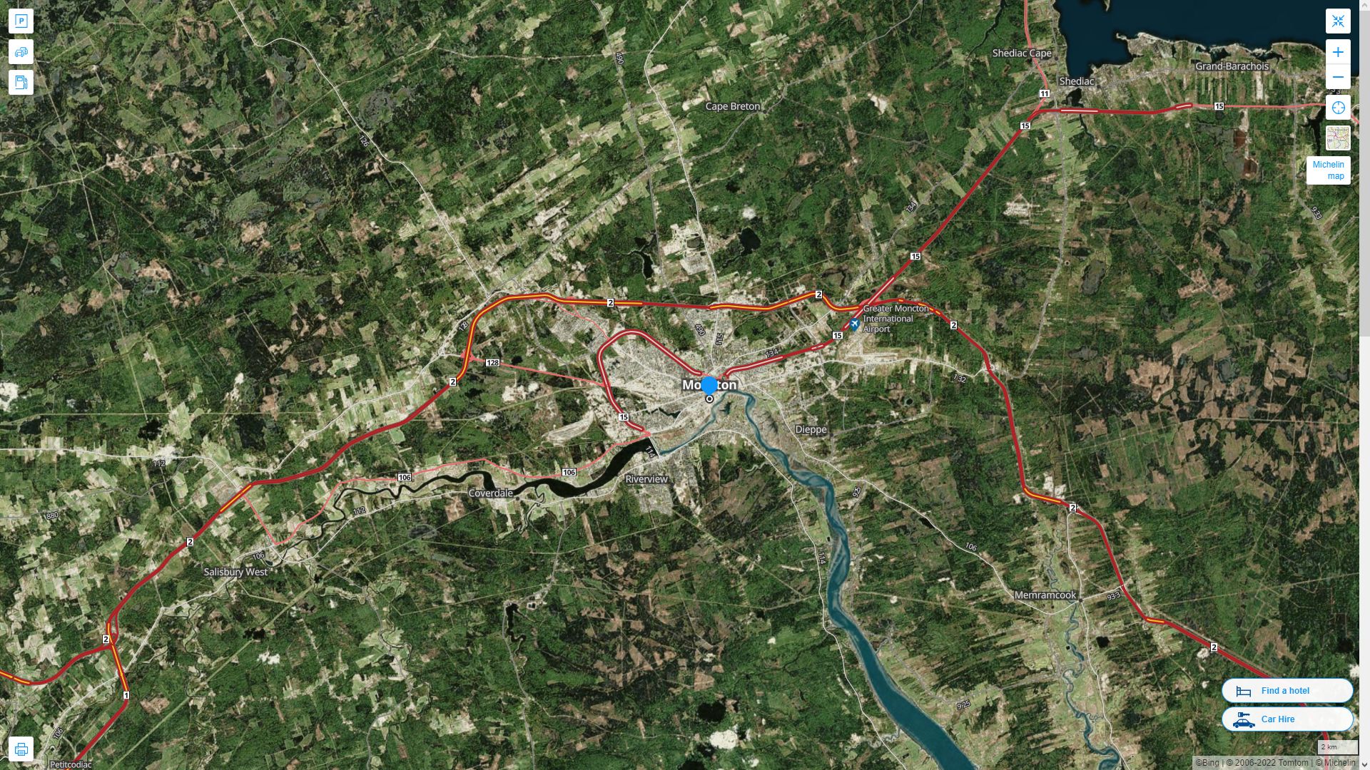 Moncton Canada Autoroute et carte routiere avec vue satellite